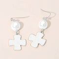 Matte Hammered Metal Cross Pearl Link Drop Earrings: Silver