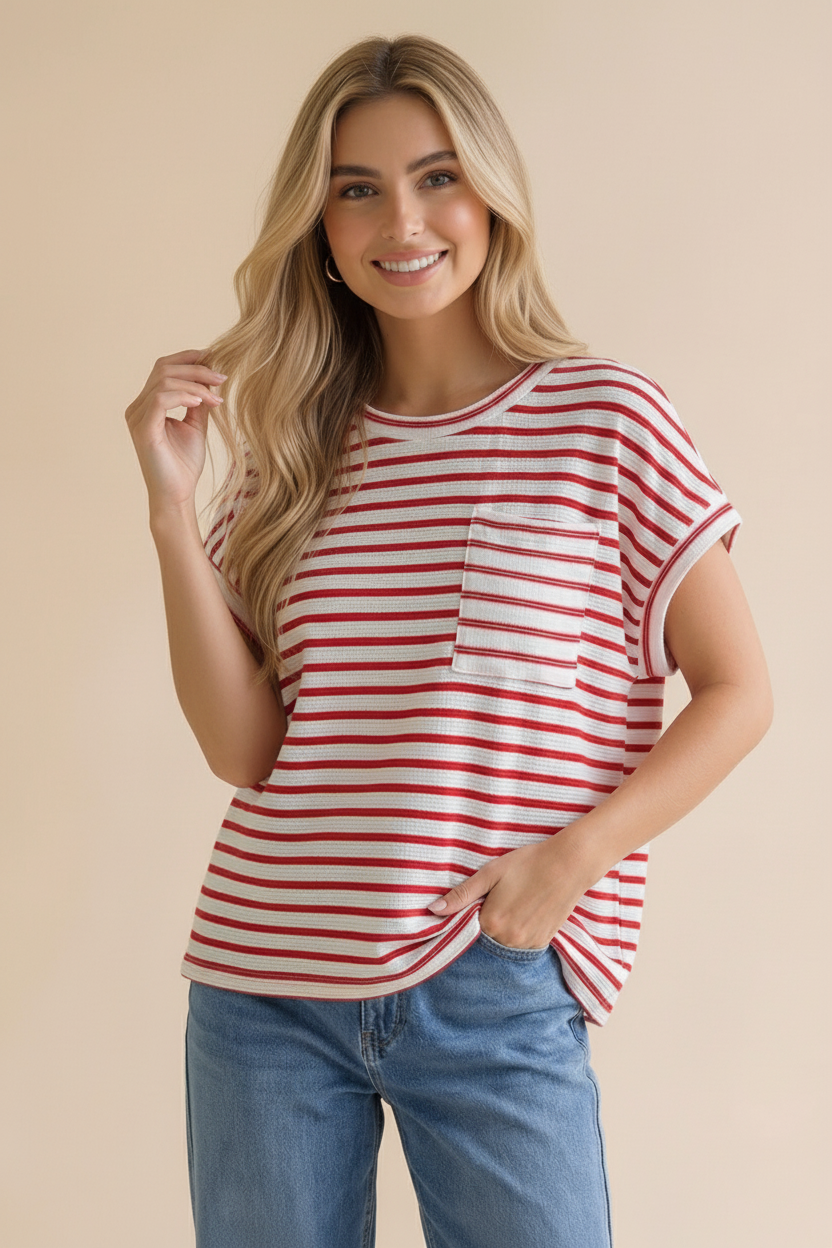 Round Neck Oversized Dolman Stripe Knit Top: RED