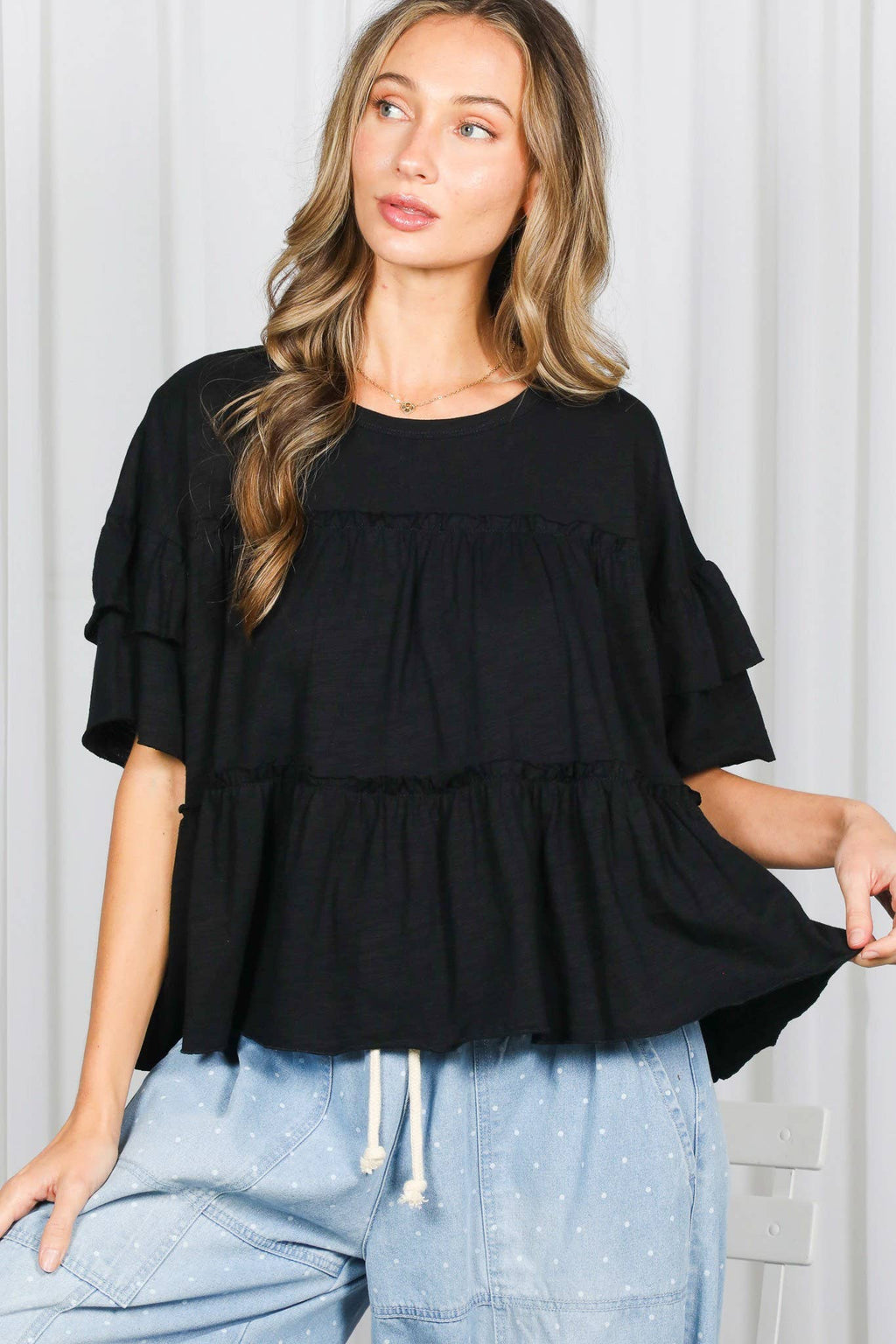 Ruffle Tired Crew Neck 100%Cotton Top: Black