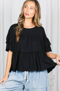 Ruffle Tired Crew Neck 100%Cotton Top: Black