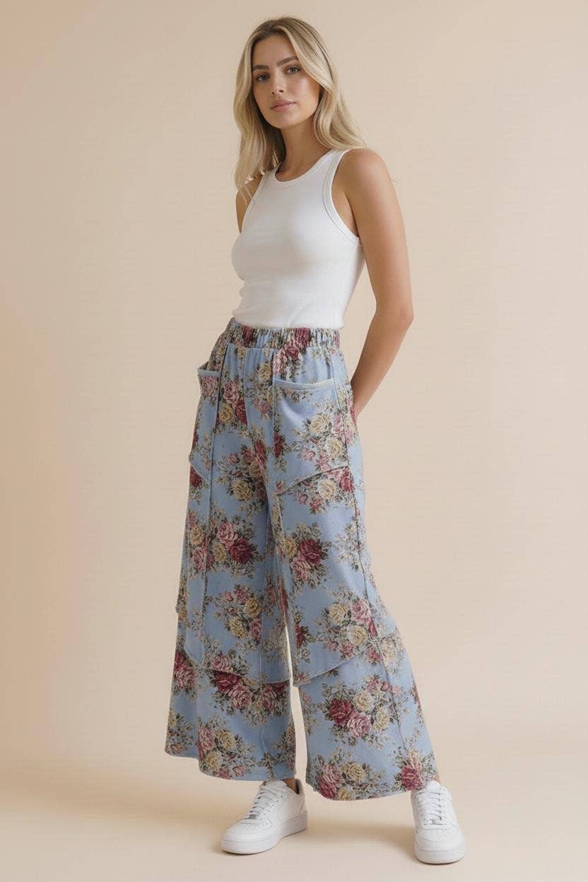Elastic Waist Wide Leg Vintage Floral Pant: Oatmeal