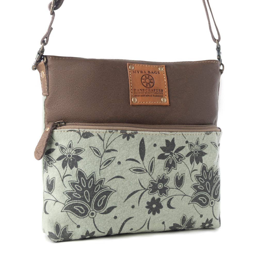 Wildprint Trail upcycled canvas crossbody Bag for Women in sage with floral detail: Sage