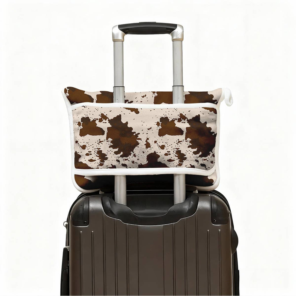 Brown Cowprint Plush Travel Throw Blanket with Matching Case