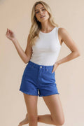 High Rise Washed Shorts With Pockets: Royal