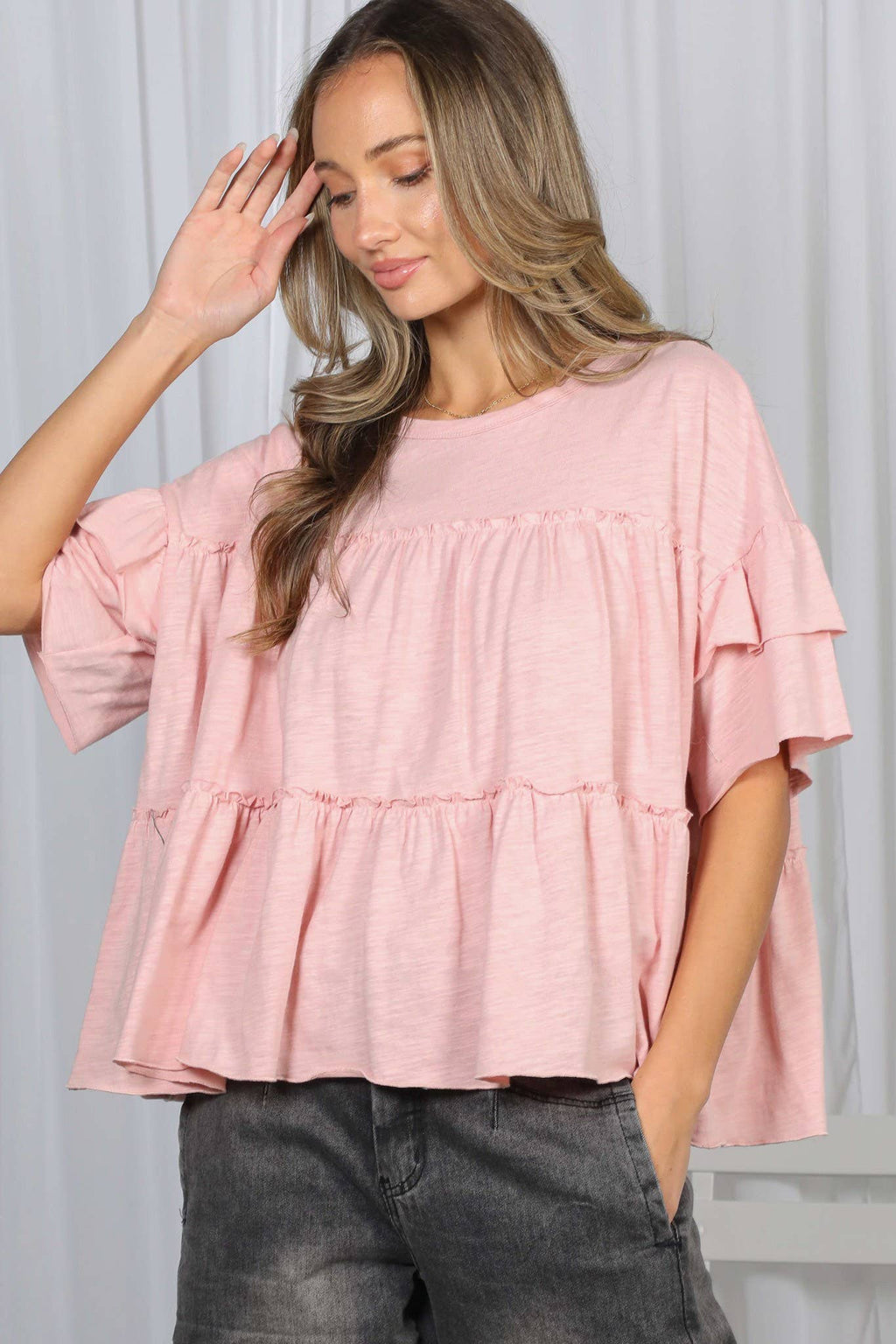 Ruffle Tired Crew Neck 100%Cotton Top: Blush