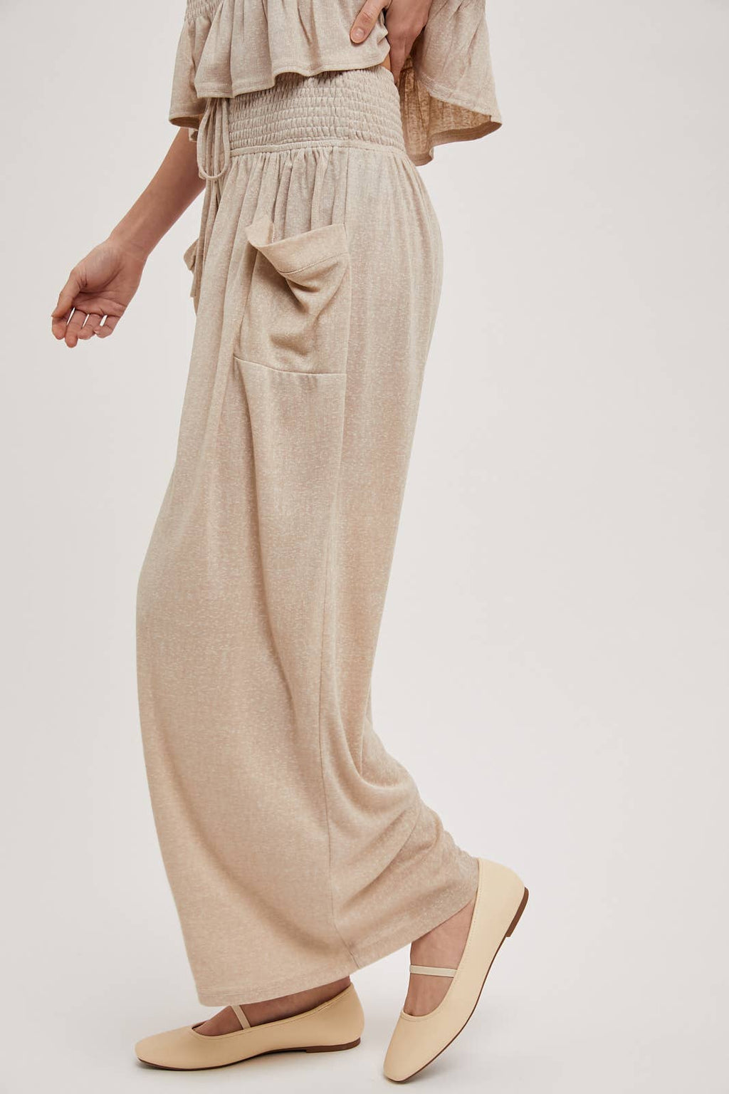RELAXED KNIT SMOCKED TOP AND WIDE PANTS SET