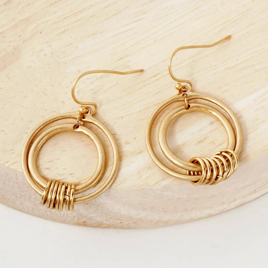 O-Ring Linked Double Circle Drop Earrings: Worn Gold
