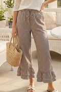 Gingham Casual Ruffled Hem 100%Cotton Cropped Pants VP83379A: Brown / L