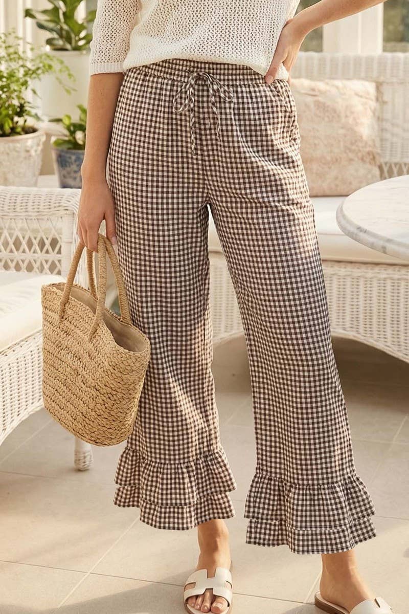 Gingham Casual Ruffled Hem 100%Cotton Cropped Pants VP83379A: Brown / L