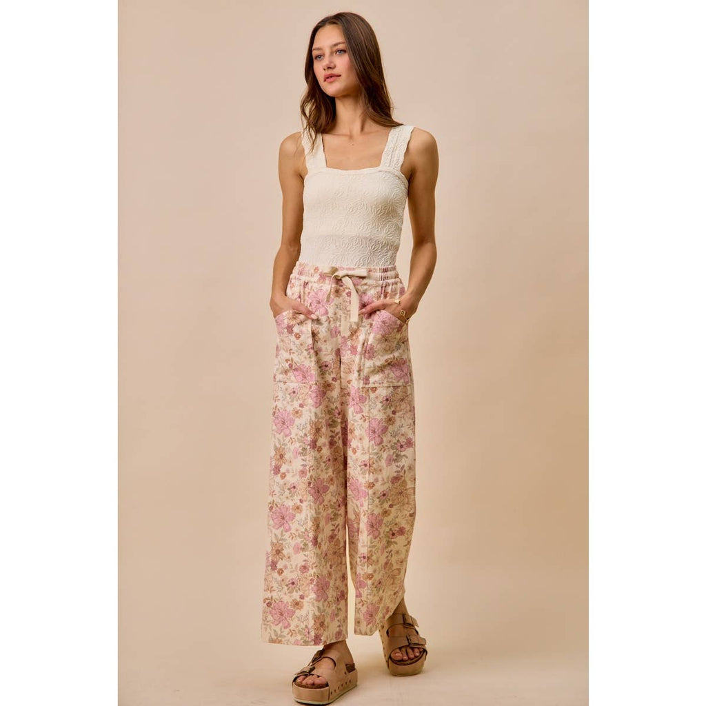 FLORAL COTTON TWILL ELASTICIZED WAIST WIDE PANTS: BLUSH PINK