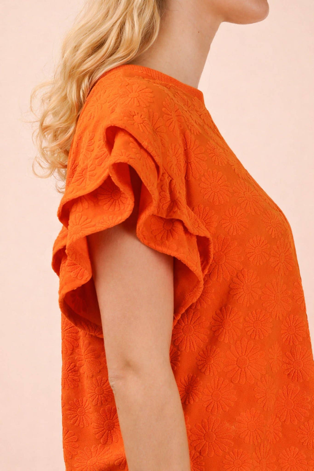 NEW IN — Floral Textured Ruffled Knit Top & Shorts Set: Orange