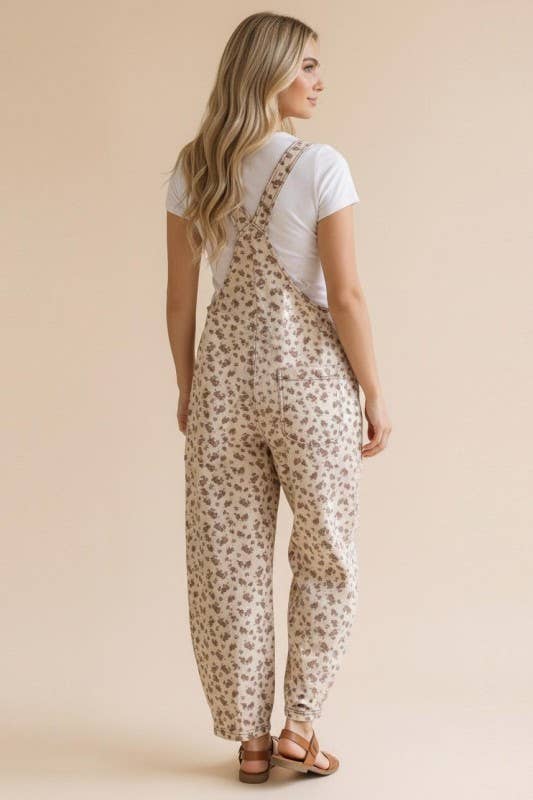 Barrel Bib Overalls Suspender Floral Jumpsuit: Oatmeal