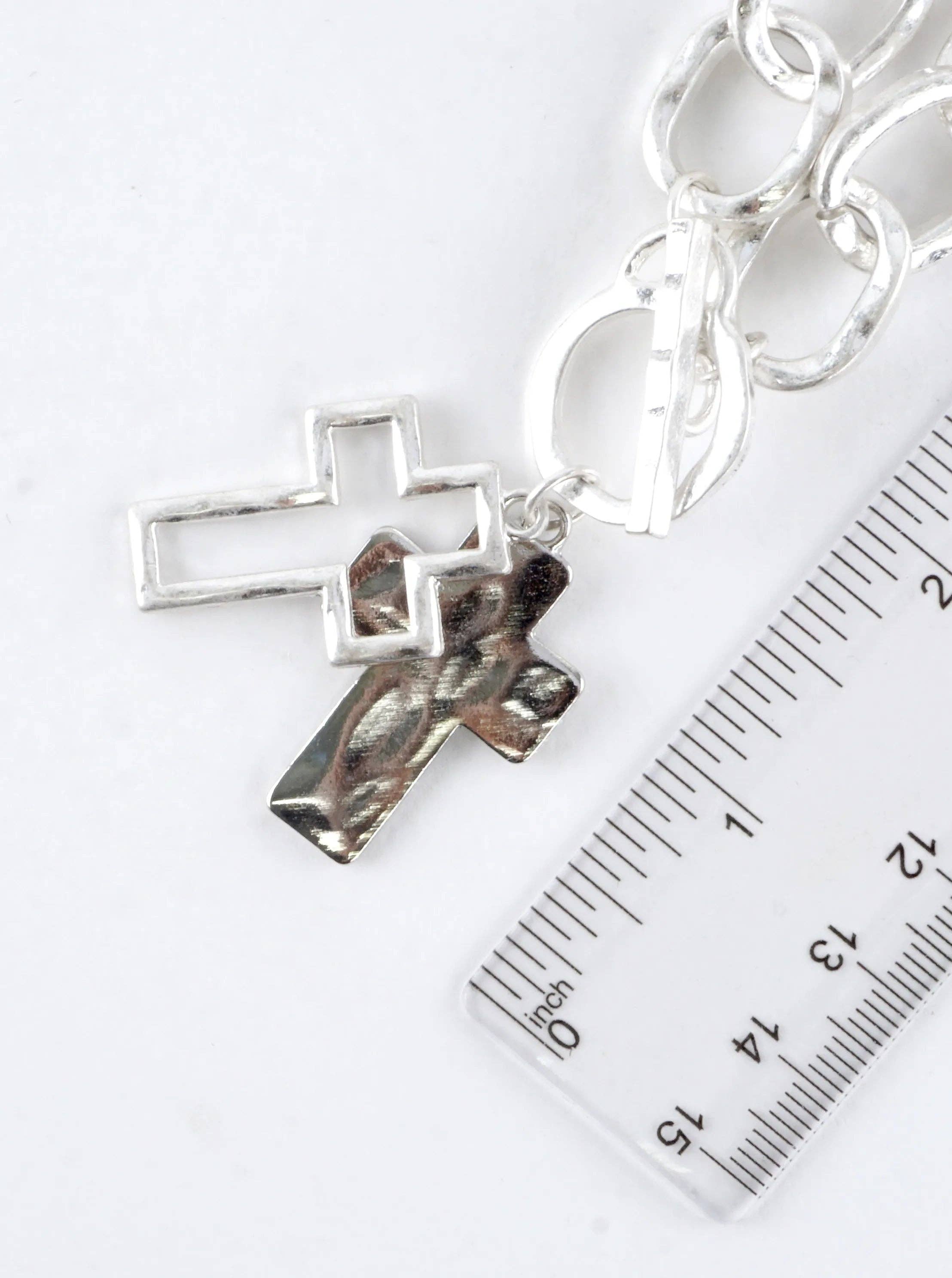 Chunky Hammered Two Cross Toggle Pendant Necklace: Worn Gold Silver