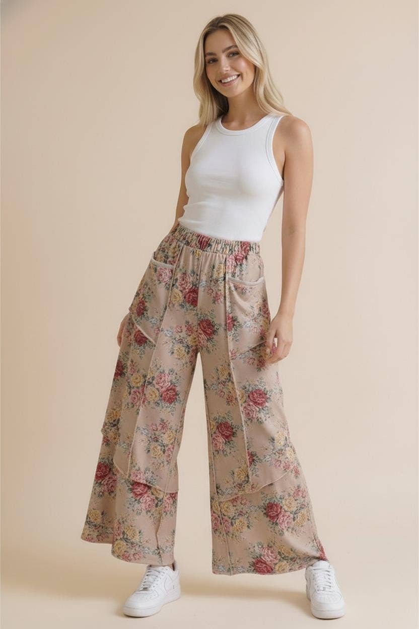 Elastic Waist Wide Leg Vintage Floral Pant: Oatmeal