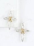 2 Tone Infinity Knot Cross Drop Earrings: Worn Silver Gold