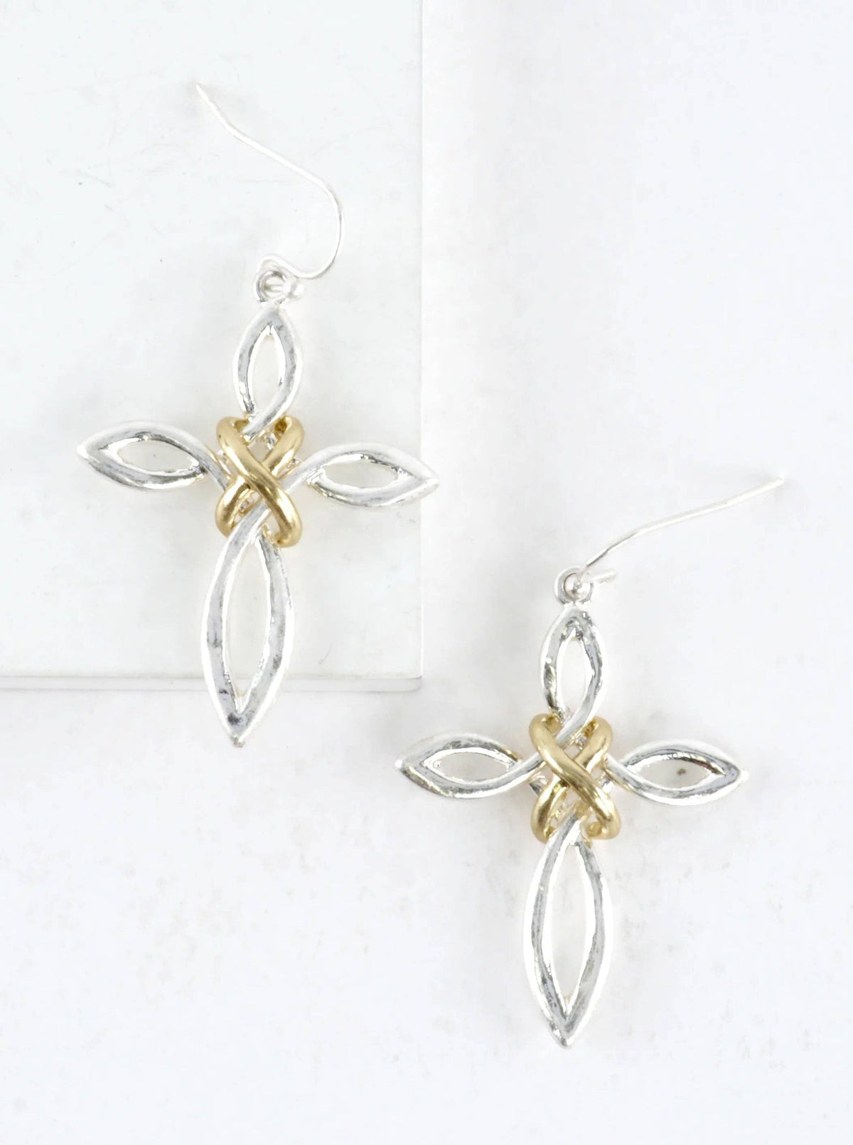 2 Tone Infinity Knot Cross Drop Earrings: Worn Silver Gold
