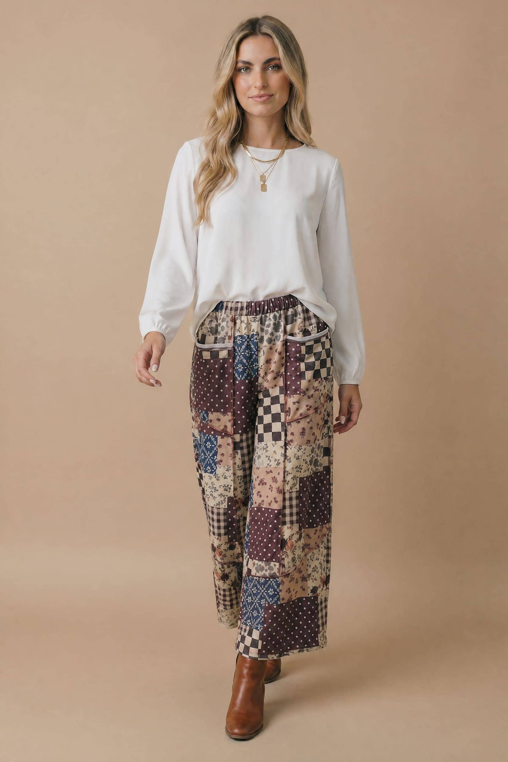Patchwork Floral French Terry Pants: BROWN