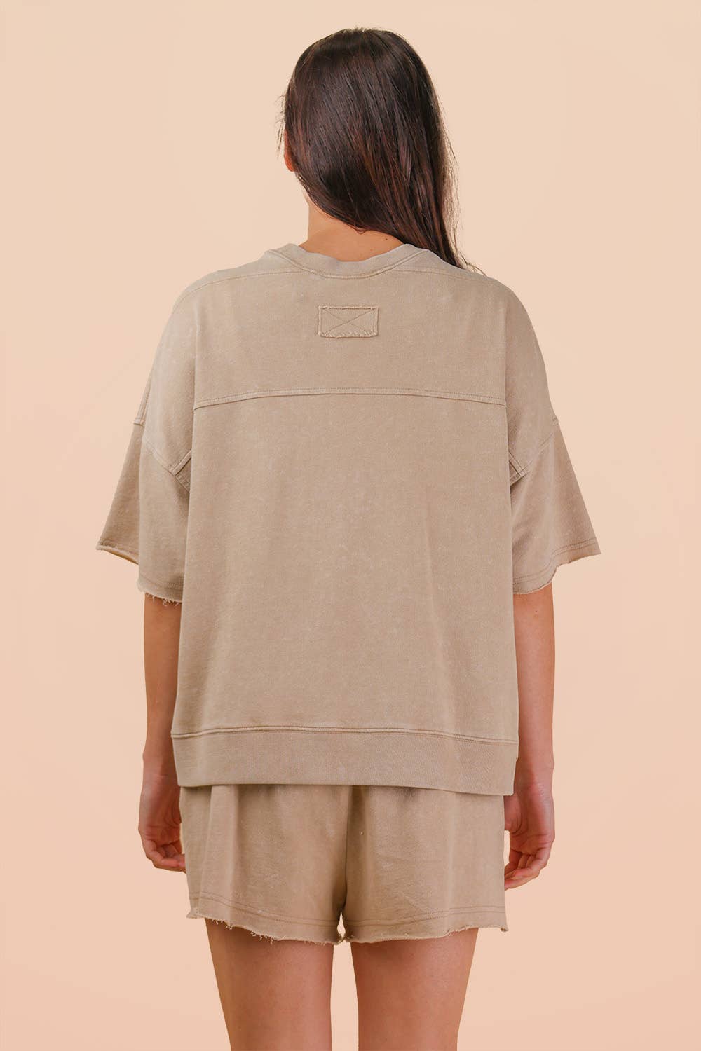NEW IN — Mineral Washed Knit Casual Top & Shorts Set: Beige