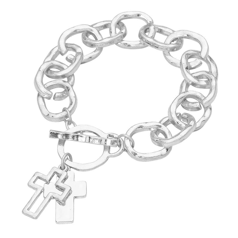 Hammered Layered Cross Charm Chunky Chain Toggle Bracelet: Rhodium,Worn Silver