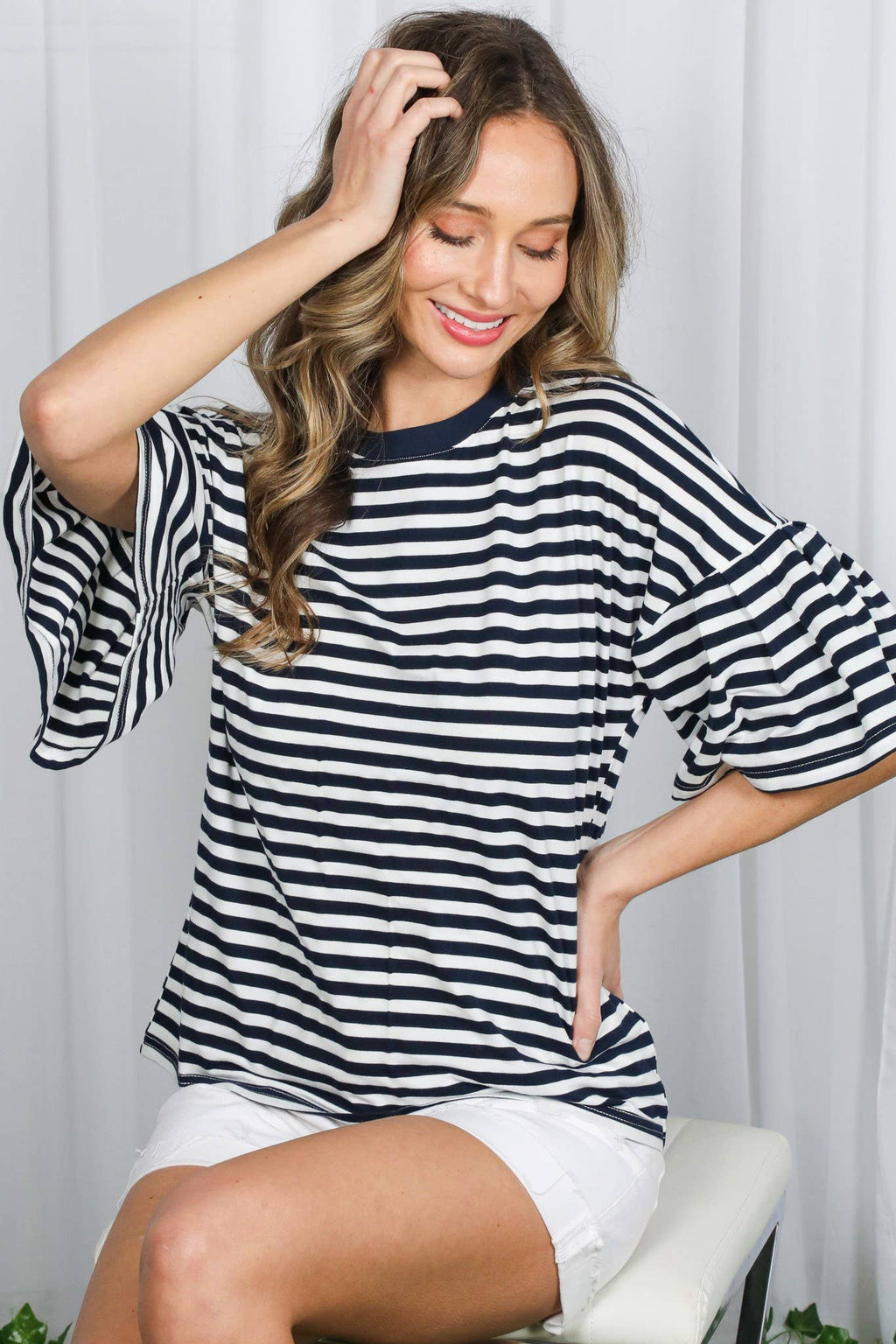Pleated Flutter Sleeve Crew Neck Striped Knit Top: Navy