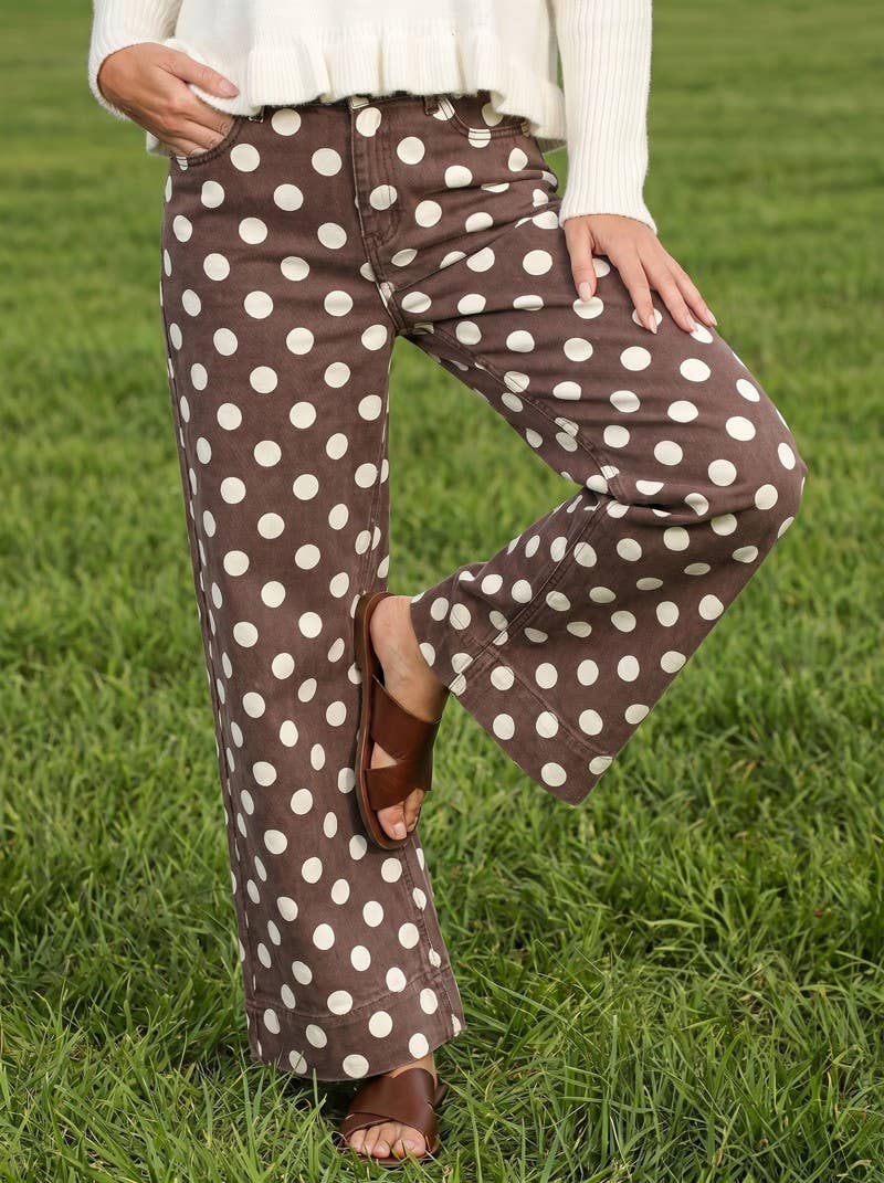 Polka Dot Straight Leg Cotton Denim Span Pants: Brown