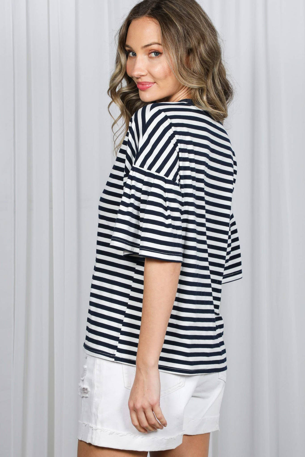 Pleated Flutter Sleeve Crew Neck Striped Knit Top: Navy