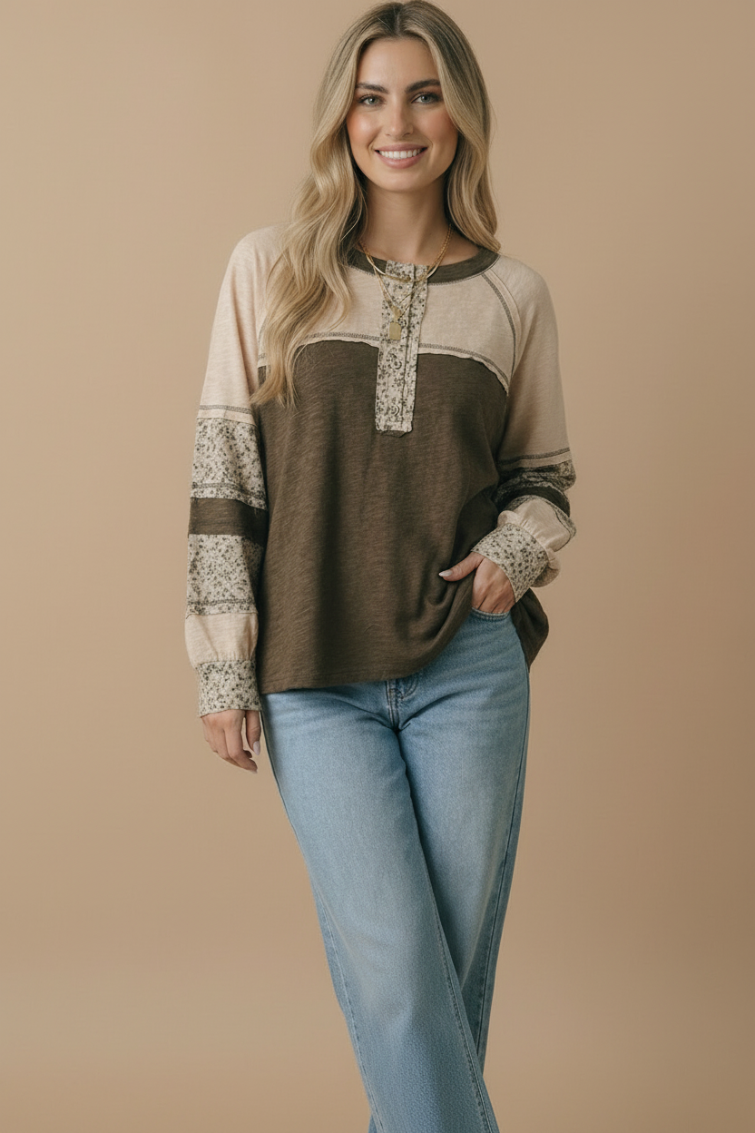 Round Neck Floral Color Block Cotton Slub Top: OLIVE