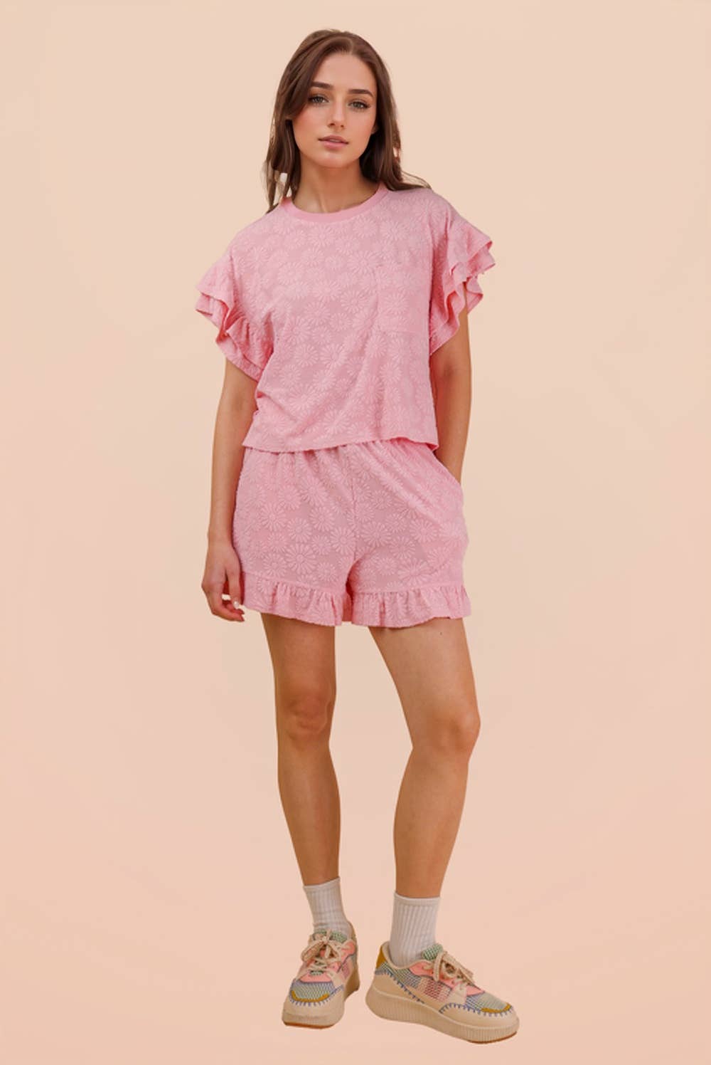 NEW IN — Floral Textured Ruffled Knit Top & Shorts Set: Pink