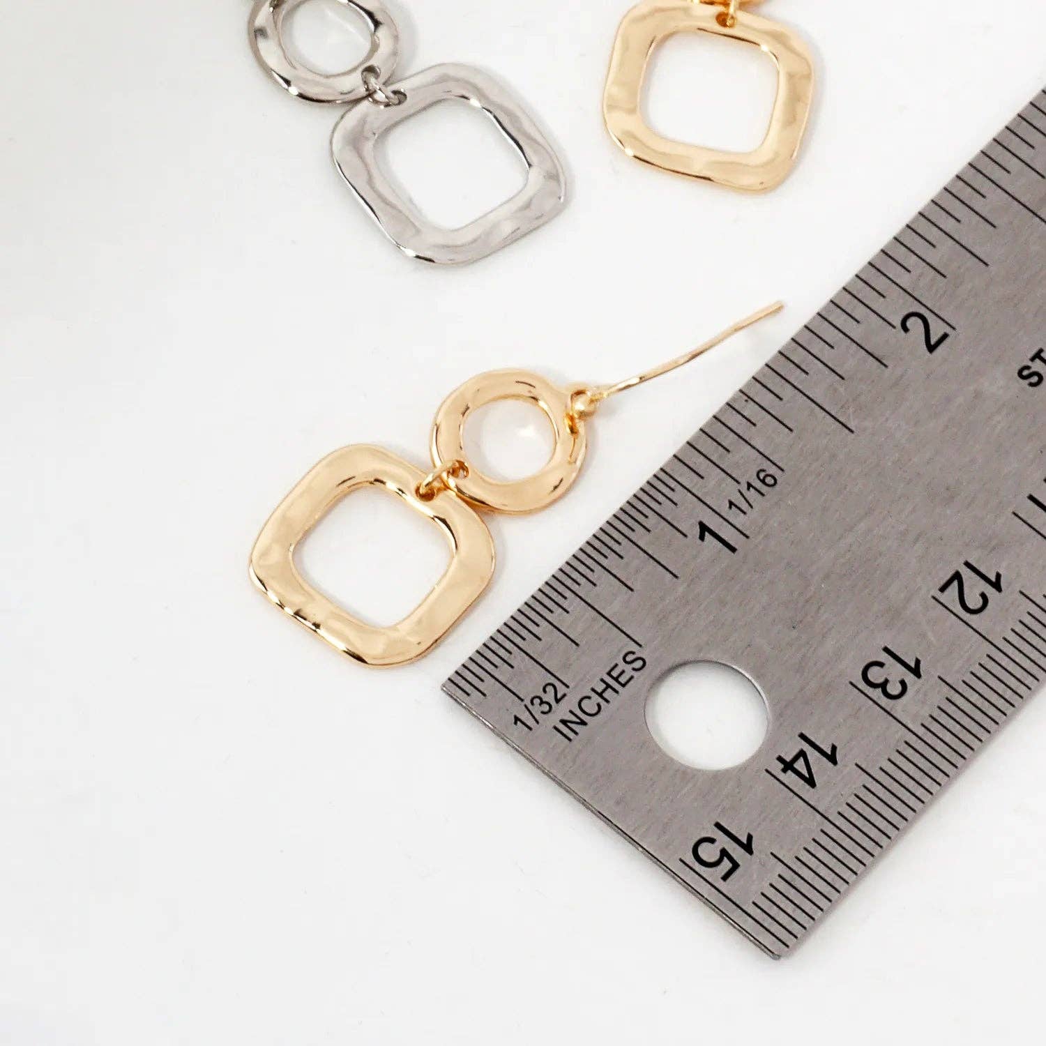 Geometric Hammered Dual Tier Drop Earrings: Gold