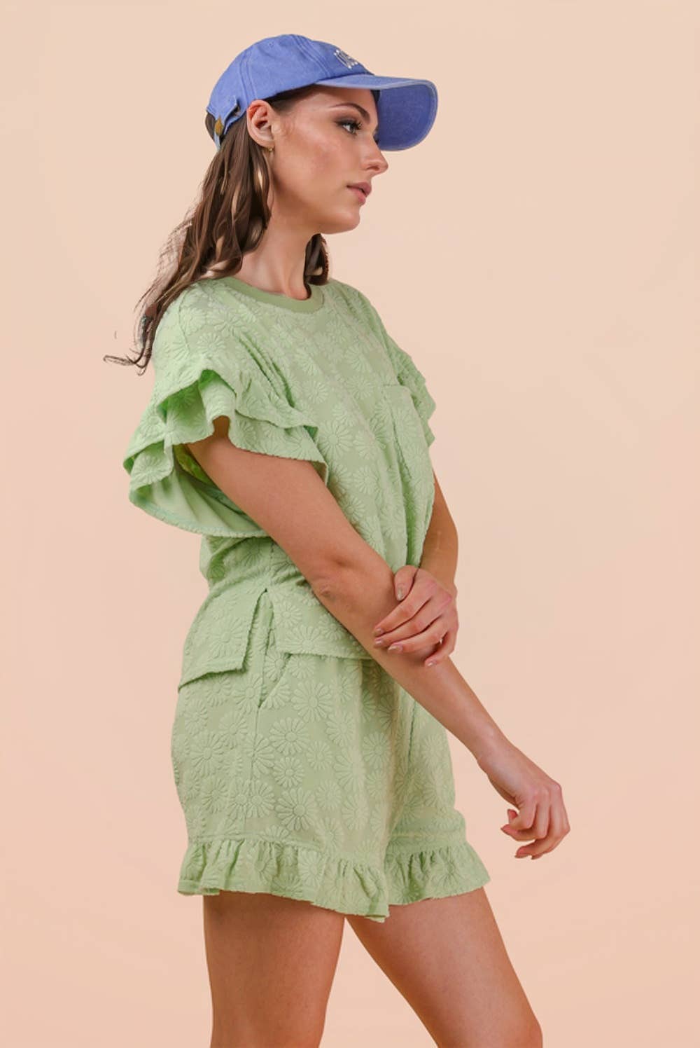 NEW IN — Floral Textured Ruffled Knit Top & Shorts Set: Sage