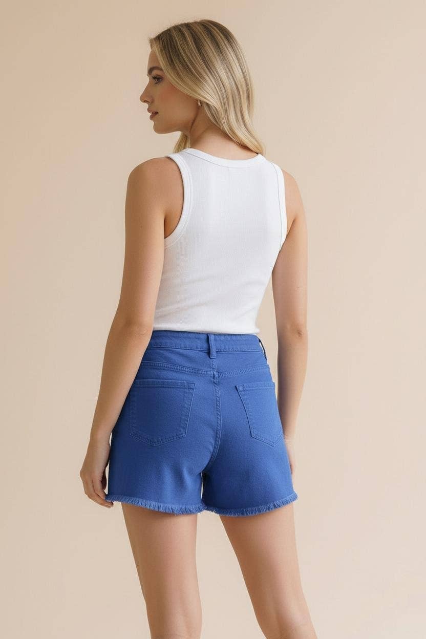 High Rise Washed Shorts With Pockets: Royal