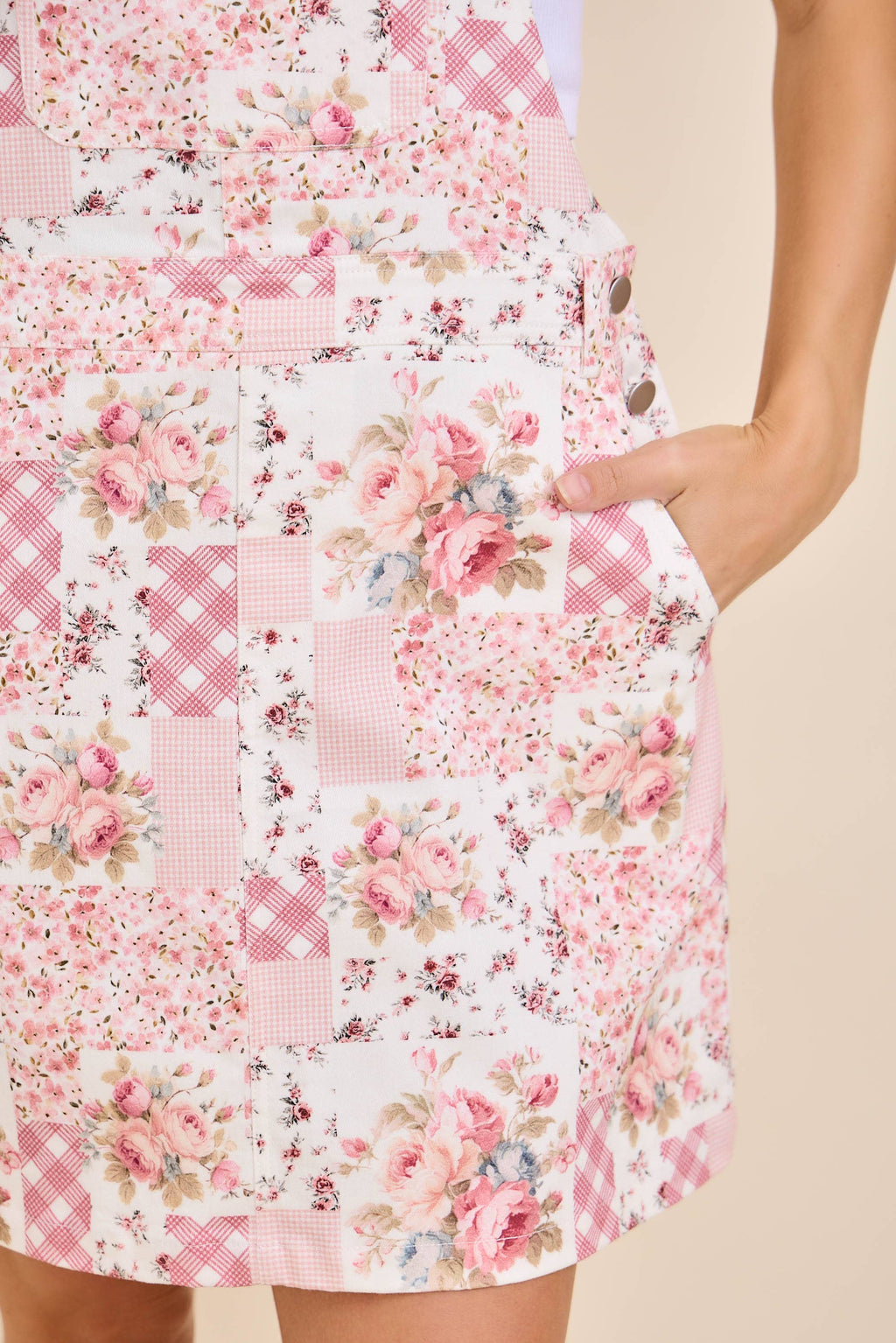 Floral Patchwork Print Overall Mini Dress: BLUE MULTI
