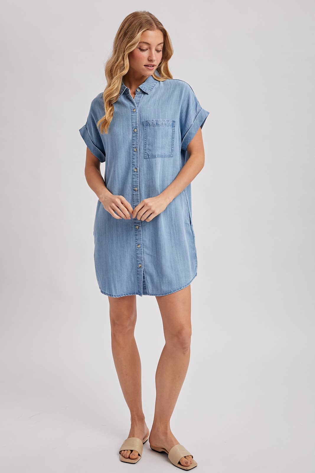 DENIM BUTTON DOWN SHIRT DRESS: LT.WASH