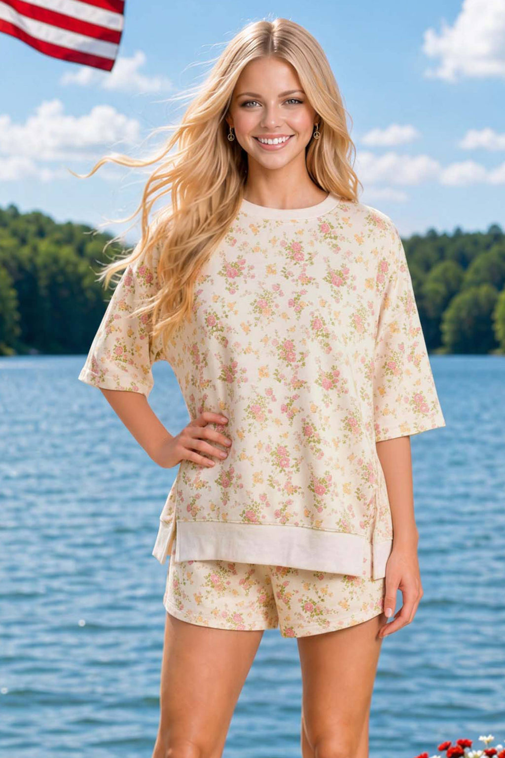 Floral printed oversized knit  top with matching shorts: PINK MULTI