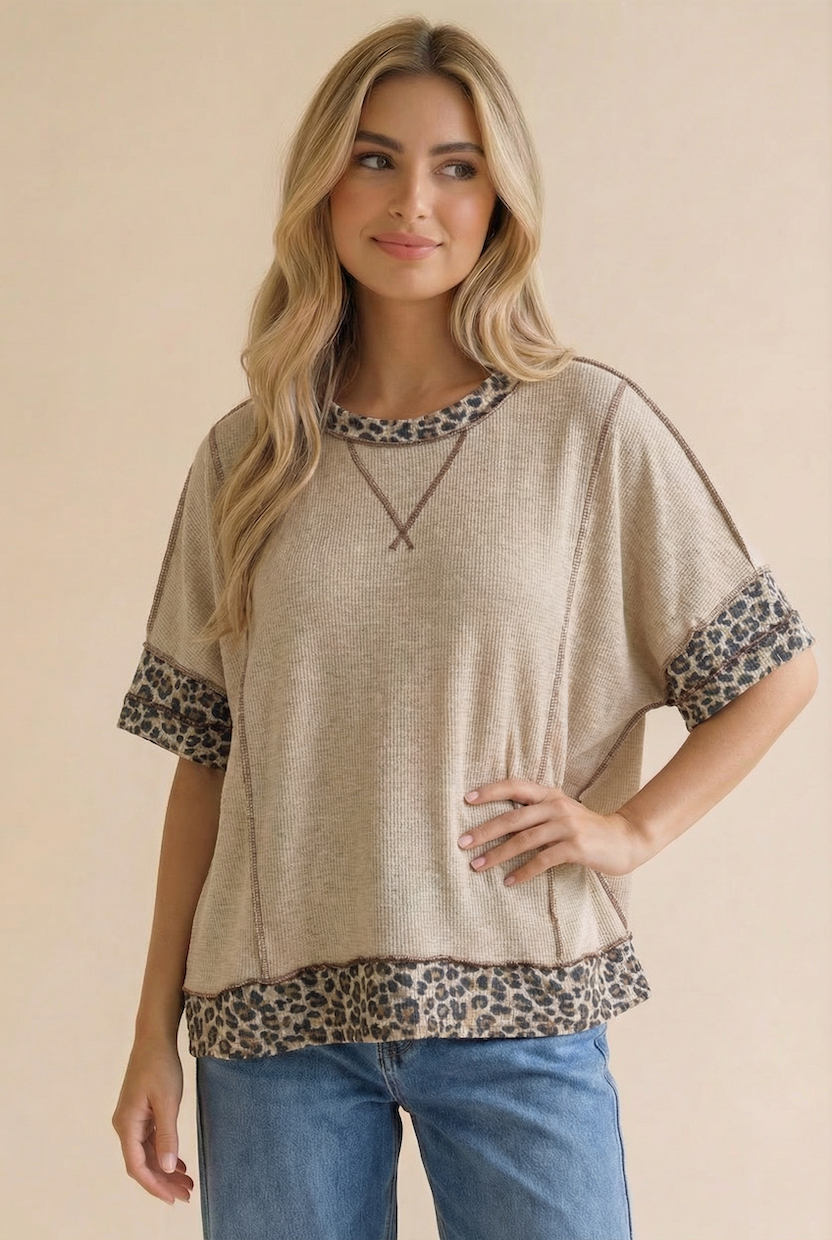 Leopard Thermal Color Block Reverse Seam Top