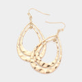 Hammered Metal Double Layered Teardrop Dangle Earrings: Worn Gold
