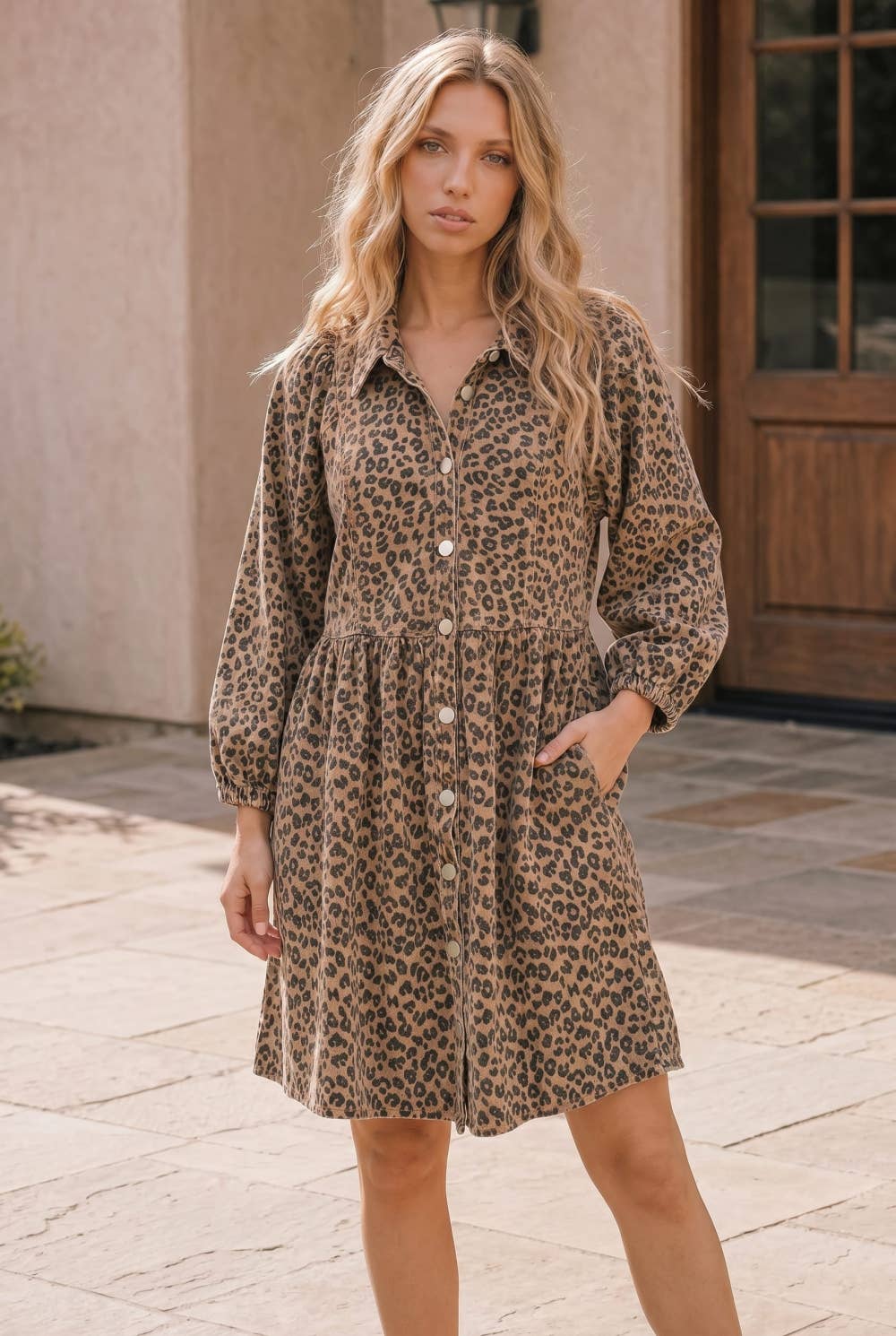 Taupe Leopard denim Button Front Mini Dress