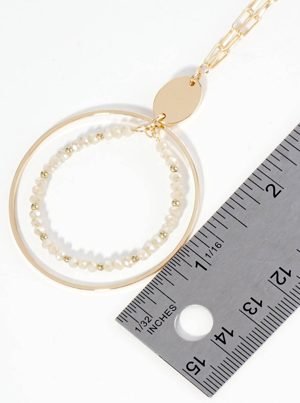 Glass Beaded Double Circle Pendant 30 Inch Long Necklace Set With Earrings: Mustard