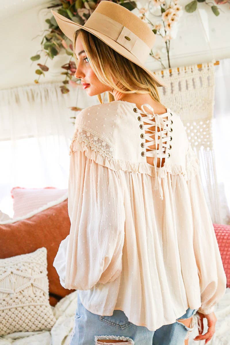 Lace-Up Back Detail Swiss Dot Patterned Blouse: Natural