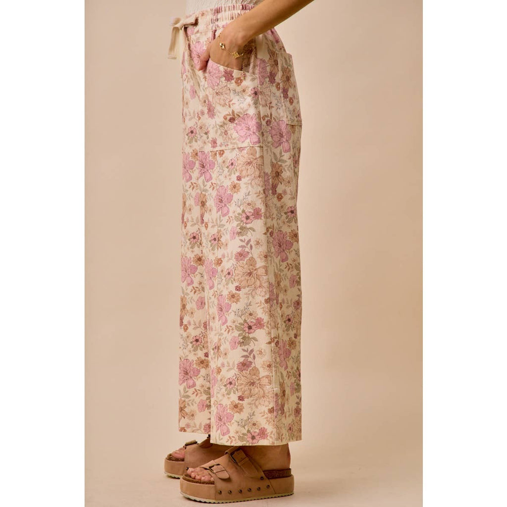 FLORAL COTTON TWILL ELASTICIZED WAIST WIDE PANTS: BLUSH PINK