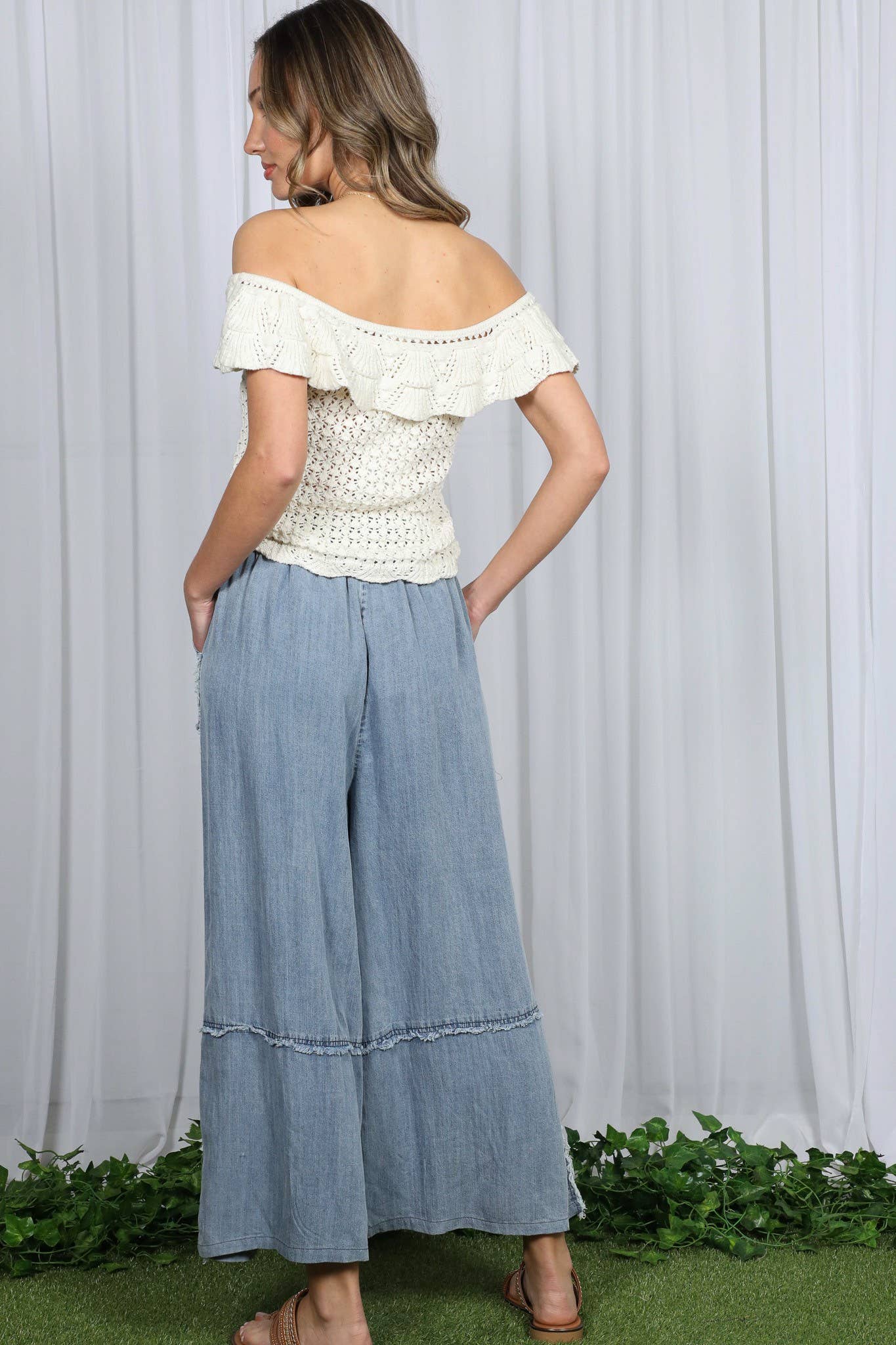 Self Fray 100%Tencel Chambray Washed Palazzo Pants: Washed Denim