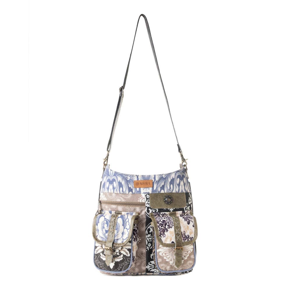 Le Fleur Bel Cowgirl Shoulder Bag for Women in blue floral with leather and Concho details