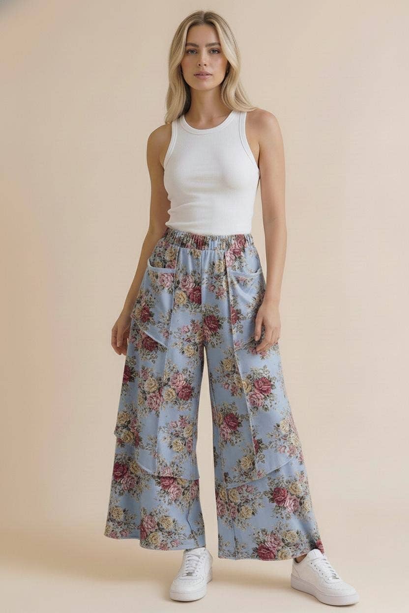 Elastic Waist Wide Leg Vintage Floral Pant: Oatmeal
