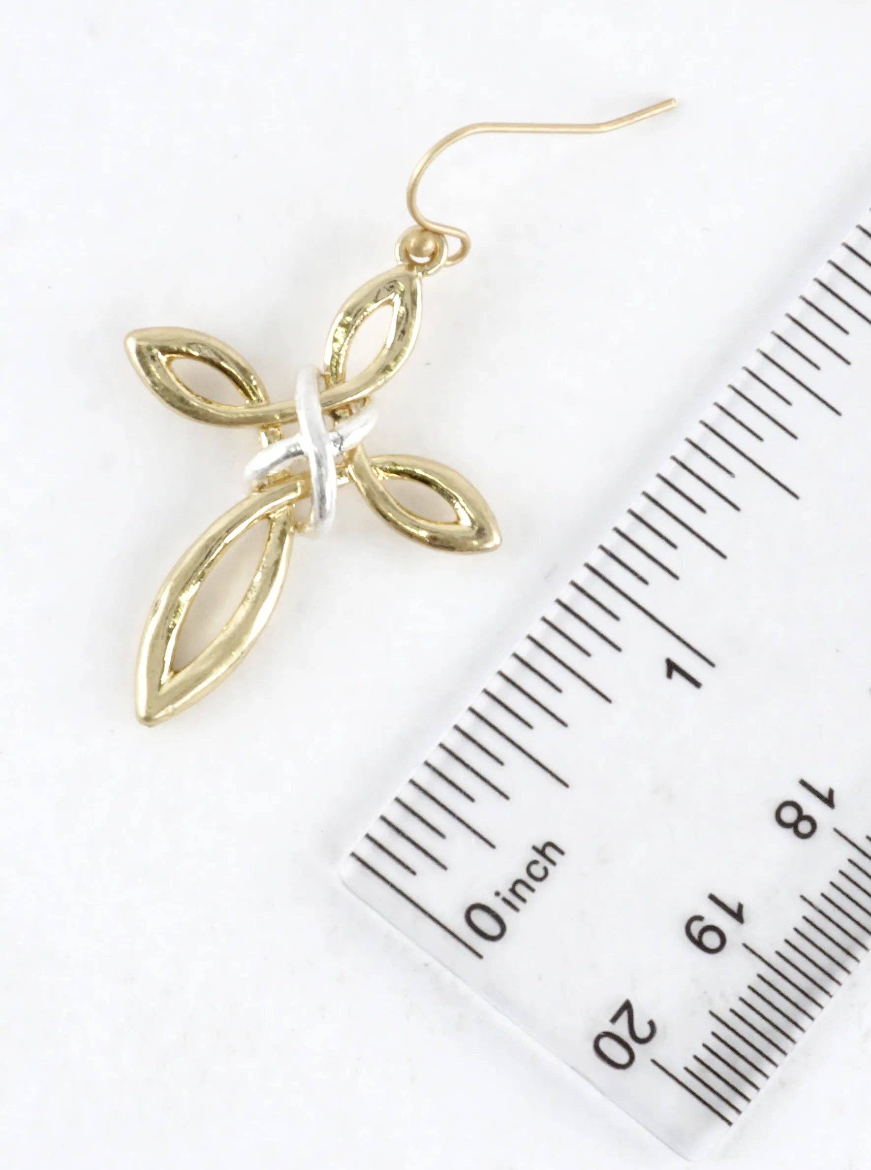 2 Tone Infinity Knot Cross Drop Earrings: Worn Gold Silver