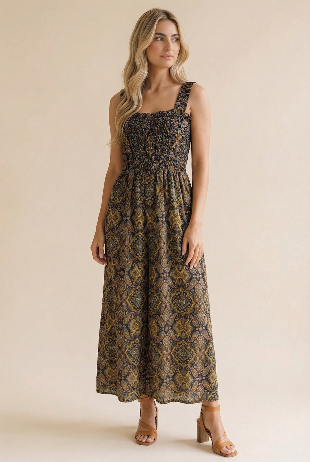 Frilled Paisley Smocking Wide Leg Jumpsuit