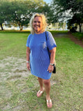 Striped Ribbed Short Sleeve Dress - Blue
