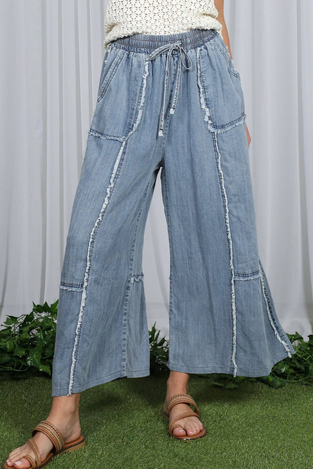 Self Fray 100%Tencel Chambray Washed Palazzo Pants: Washed Denim