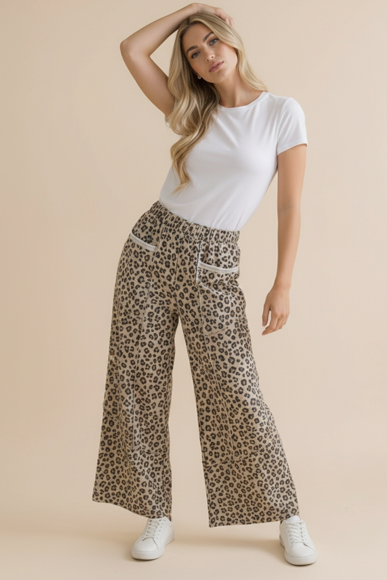 Leopard French Terry Wide Leg Pocket Pants: GREY