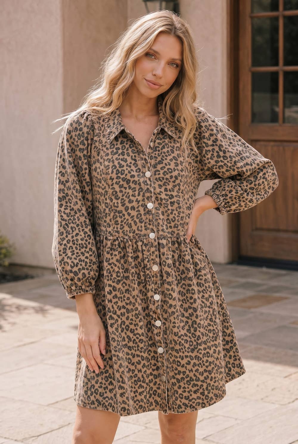 Taupe Leopard denim Button Front Mini Dress