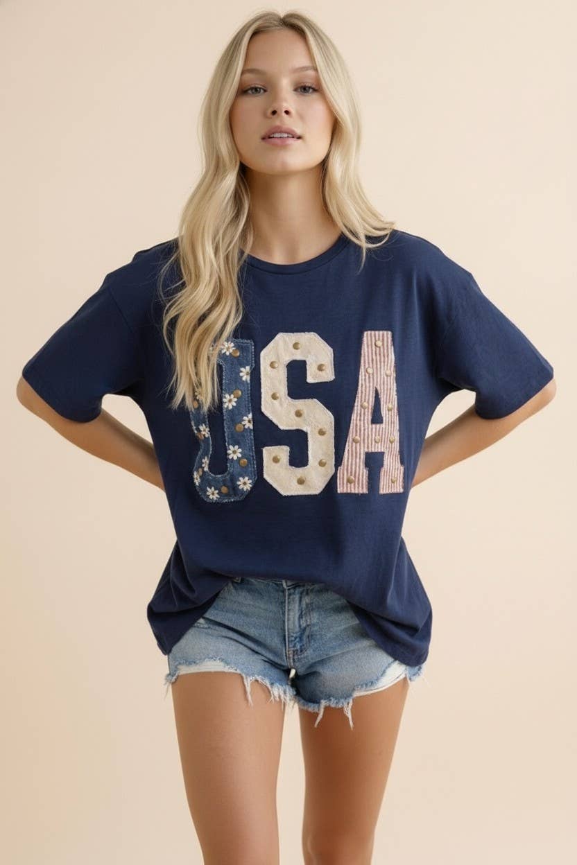 Mixed-Media Studded USA Graphic Tee: NAVY